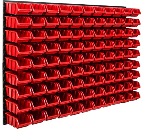 SimpleThing Lagersystem Werkstattregal | 115 x 78 cm | 99 stck. Box | Wandregal mit Stapelboxen - Wandplatten Extra Starke Schüttenregal Warkzeuglochwand Lagerregal Garage Regal