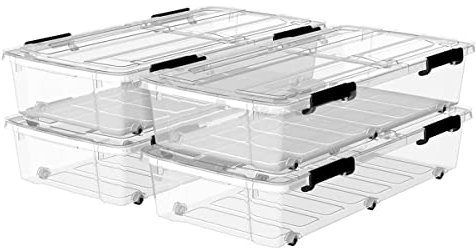 Cetomo 50L*4 Storage Boxes with Wheels, Under Bed Storage Container with Dual-Opening Lids, Durable Flat Organizing Box for Bedroom, Home, BPA-free, Nestable, Stackable, Clear, 50L-4 Pack