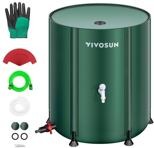 VIVOSUN Barril de lluvia plegable, tanque de almacenamiento de agua de 132 galones con tela Oxford 1000D, sistema de recogida de lluvia portátil que incluye dos espigas y kit de desbordamiento, verde