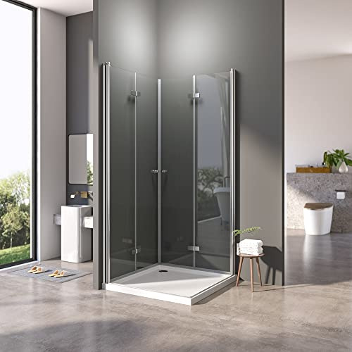 Duschkabine 75x90cm Eckeinstieg Dusche Falttür 180º Duschabtrennung aus 6 mm NANO-Glas Duschkabine Scharniertür,Kann auf Einer Duschwanne oder Direkt auf Dem Boden Montiert Werden,Höhe 185cm