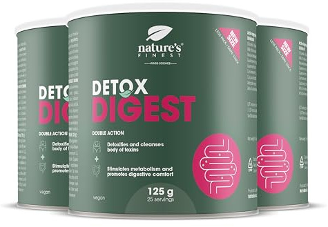 Nature's Finest Detox Digest, Integratore in Polvere 375 g (3x125 g) | Con clorella, cardo mariano, guaranà, curcuma e carciofo - bevanda gusto arancia, 25 porzioni in polvere