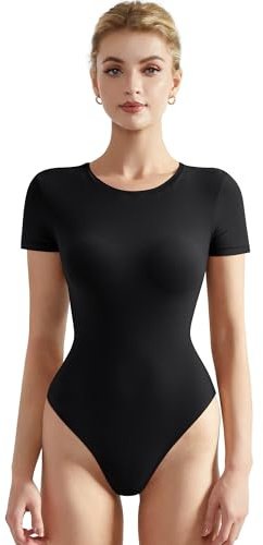 SUUKSESS Women Short Sleeve Bodysuit Crew Neck Thong Body Suit Shirts Basic Tops (Black, S)