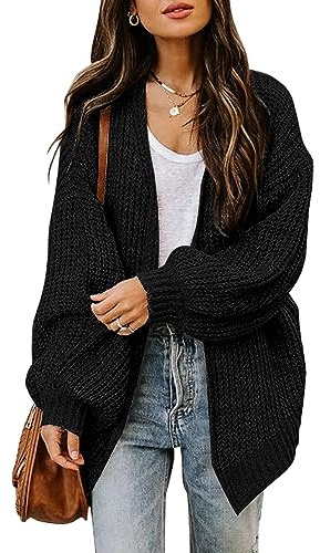 Jhsnjnr Cardigan da donna a maglia grossa, aperto sul davanti, manica lunga a lanterna, oversize, Nero , S