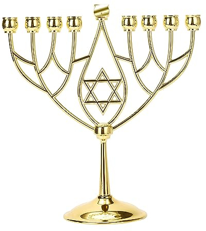 BRTAGG Menora mit Davidstern (Chanukkia BZW. der Chanukkaleuchter) 9 Zweige Kerzenhalter, Upgrade-Cups mit Eingebaute Pins, Höhe 24,5 cm, Jüdische Geschenke (Gold)