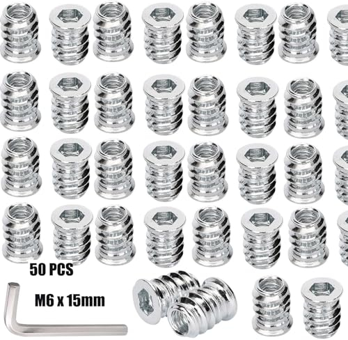 CRLYLC Lot de 50 écrous à visser M6 x 15 mm - Insert fileté pour bois - Manchons à visser à six pans creux pour meubles en bois - Insert fileté - Écrous hexagonaux à six pans creux en acier galvanisé