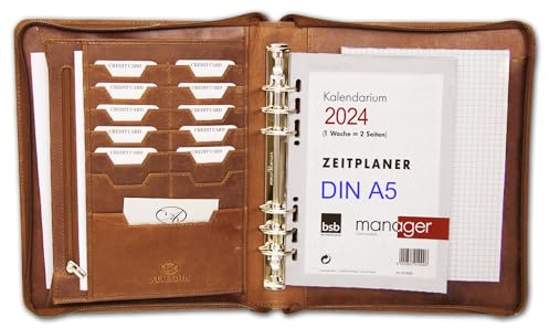 ALMADIH Ledermappe A5 Leder Organizer Kalender 2026 mit Ringmechanik Reißverschluss - Leder Mappe Terminplaner Terminkalender Premium Rindsleder braun deluxe OS Ledermappe (A5 Org S bd)