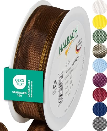 Halbach Geschenkband mit Drahtkante, 25 mm x 25 m, dunkelbraun | Taftband mit formbarer Drahtkante aus 100% Acetat, Made in Germany, Öko-Tex 100 zertifiziert, wetter-/wasserfest
