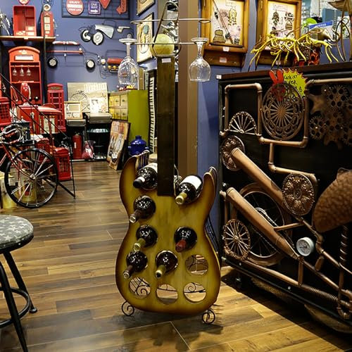 LLYLAFDC Gitarrenförmiges Weinregal, Unabhängiges Weinflaschen-Präsentationsregal, Zum Aufhängen Von Kelchen, Design-Weinregal, Freistehender Boden, Vintage-Wohnkultur-Regale Für Zuhause, Küche, Bar