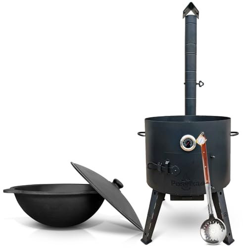 Utschak Feuerofen Ø 52,7 cm mit Thermometer Gusseisen Topf runder Boden mit Deckel (22 L) Ø 49 cm KazanoFF, Учаг, Kazan Outdoor, Feuerschale, Camping, Kazan, Gulaschkanone Dutch Oven (Set 2)