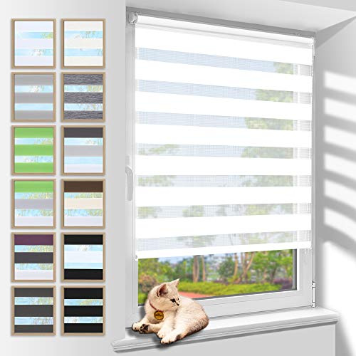 Zarnan Doppelrollo Klemmfix ohne Bohren Weiß 85x220cm(Stoffbreite 81cm) Duo Rollo Blickdicht Zebrarollo Rollos für Fenster ohne Bohren für Wohnzimmer Küche Büro lichtdurchlässig und verdunkelnd
