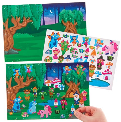 Baker Ross FN082 Mythische Waldsticker-Szenen - 4er-Pack, Selbstklebende Sticker für Kinder, Basteln für Kinder, Sticker für Kinder