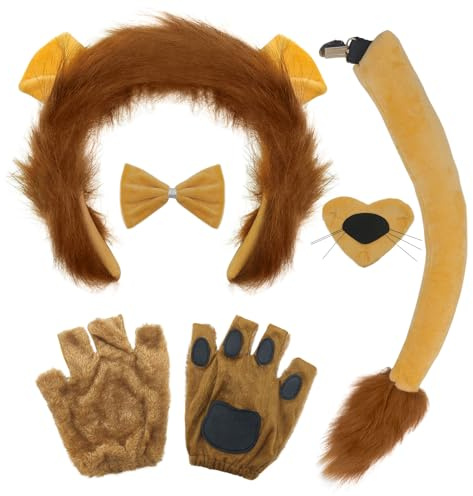 FUIPVGI Kit de Accesorios para Disfraz de León - 5 Piezas: Orejas de Peluche, Diadema, Cola, Nariz, Pajarita y Guantes - Set de Animales para Niños, Fiesta, Halloween