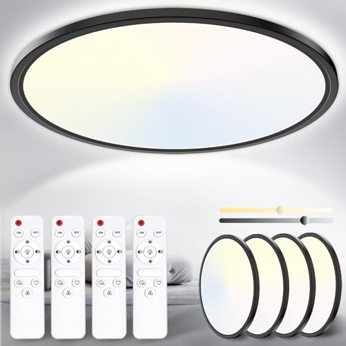 Yexati 4 st dimbar LED-taklampa, 24 W, 3 200 LM, badrum, med fjärrkontroll 3 000–6 500 K, IP54, taklampa, taklampa för badrum, sovrum, kök, vardagsrum, Vitt, Ø 29,5 cm (‎svart, 4x pièces)
