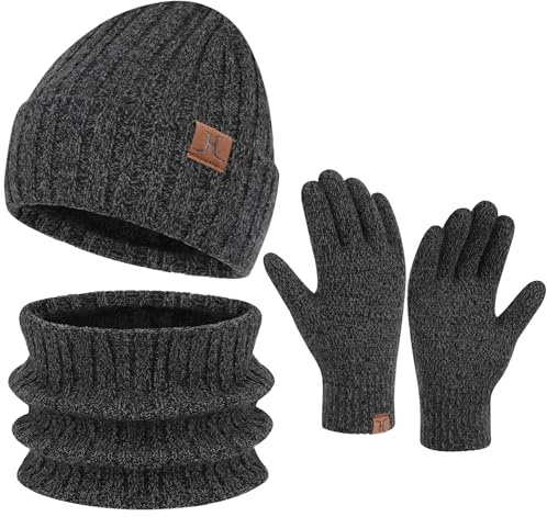 ZASFOU Berretto invernale da uomo lavorato a maglia sciarpa tubolare foderati in pile guanti invernali touchscreen set, regalo di Natale per uomini