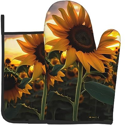 YYHWHJDE Set di 2 guanti da forno e presine di qualità con stampa di girasoli agricoli, utilizzati per aprire i coperchi delle pentole in cucina