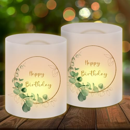 12 Windlicht Tischdeko Geburtstag Eukalyptus, Windlichter Eukalyptus Happy Birthday, Geburtstagsdeko Tisch, Geeignet für Teelichter oder Kerzen