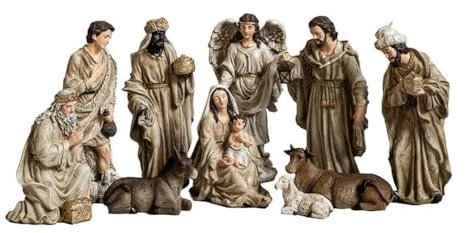 Weihnachtsgeheimnis Moderne Krippe 11 Stück 30 cm. cremefarbene Figur, Krippenkind, Jesuskind, Jungfrau Maria, Engel, Heilige Drei Könige, Hirte, Schaf, Maultier und Ochse. Unisex. Länge (cm): 30.
