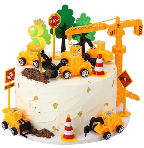 Xialvyu Bagger Kindergeburtstag Deko 3 Jahre, 23 Stück Baustelle Tortendeko | Kindergeburtstag Deko,Kunststoff Baustellenfahrzeuge Verkehrsschilderfür 3. Geburtstag Junge Mä