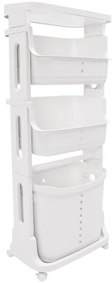 Wäschekorb auf Rollen, 4 Fächer Wäschebox Wäschesammler Wäschekorb für Wohnzimmer Schlafzimmer Waschküche Bad (weiß, 4 Etagen)