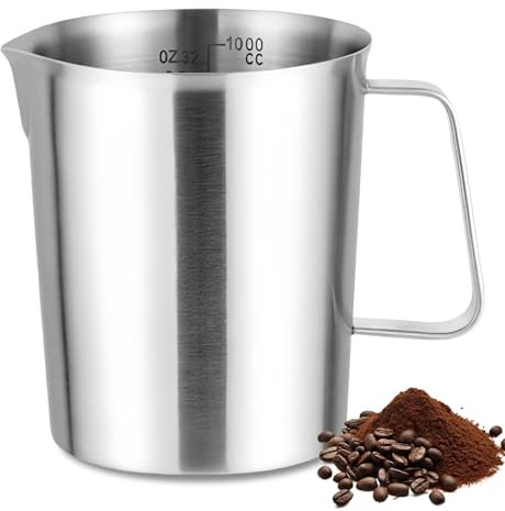 WANDGU 1L Messbecher Edelstahl: Milchkännchen aus Edelstahl Messkanne, Milchkännchen mit Markierung mit Griff, Hochwertige Messkanne, Milk Pitcher, Drahtgriff für Küche, Spülmaschinenfest