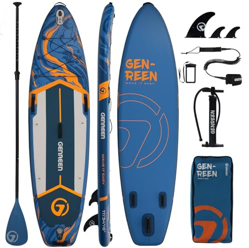 GENREEN Tavole da paddle stand-up, 11 ft gonfiabili con accessori SUP, non scivola, doppio strato di PVC, 3 fin, 33 in extra large, per ragazzi e adulti (blu oceano)