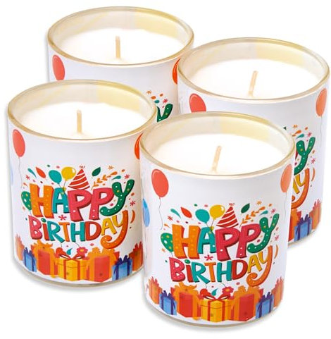 Candelo 4er Set Hochwertige Geburtstagskerzen im Glas Ambiente – Happy Birthday Kerze – 8 x 7cm - 30 Std Brenndauer – Windlicht Glaskerze ohne Duft – Kindergeburtstag Dekoration