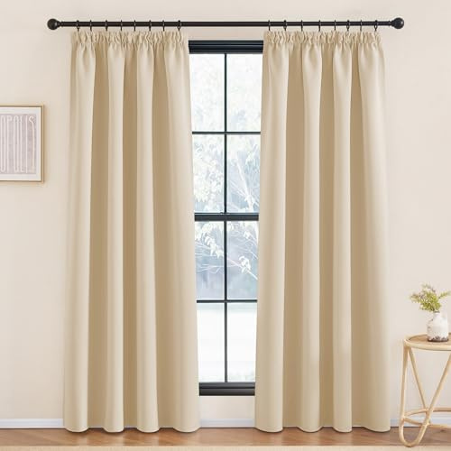 KGORGE Blickdichte Vorhänge Hitzeschutz Thermovorhang mit Kräuselband | Biscotti Beige,2er Set,200 x 140 cm(HxB),Thermo Vorhang gegen Hitze für Schienensystem,Verdunkelung,Sonnenschutz,Wohnzimmer