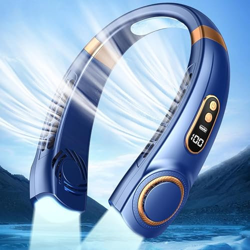 Fangtueh Ventilador de cuello con luz LED con placas de refrigeración, 5 velocidades, soplado, aire frío, ajustable, batería portátil de 4000 mAh, recargable por USB, ventilador personal para mujeres
