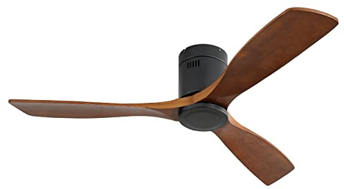 LULUWA Ventilador de techo DC 3 aspas de madera tallada, silencioso, motor reversible, control remoto, sin luz, para sala de estar, negro y bajo perfil