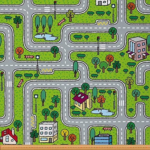 Loussiesd Cartoon Auto Straße Stoff 92x150cm, Kinder Autos Fahrzeuge Rennstrecke Stoff Meterware für Stühle Sofa Couch, Straße Straße Aktivität OutdoorStoff wasserdicht, grau grün