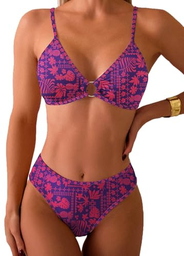 Fanuerg Triangel Bikiniset O-ring länkad tvådelad baddräkt blommigt tryckt fräck baddräkt, Marinblå röd blommig, M