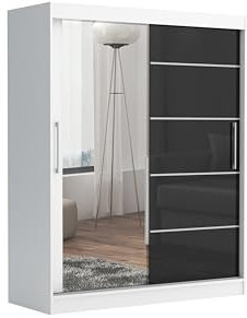 Brent - Kleiderschrank mit Spiegel und Schubladen 160cm Breit Chelsea Tomy, Schwebetürenschrank mit Spiegel, Schlafzimmerschrank, Kleiderschrank Weiß Matt/Schwarz Hochglanz