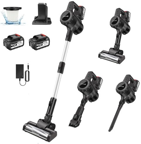 Cordless Vacuum Cleaner with Filters, LED, 2x1300mAh Rechargeable Battery, 15000PA Compact Powerful Multifunction Stick Vacuums & Electric Brooms, Lightweight Handheld Upright Vacuum Cleaner, Grey