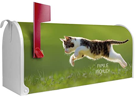 banjado® Amerikanischer Briefkasten - US Mailbox/Letterbox mit Motiv Jagende Katze 51x22x17cm - Postkasten Stahl aus Amerika – Briefkasten amerikanisch weiß pulverbeschichtet