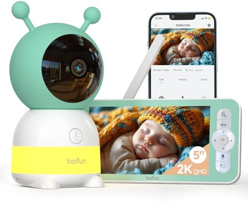 BOIFUN 2026 Upgraded 2K WiFi Baby Monitor with Camera and Audio, Smart Night Light, APP & 5 Split-Screen Control, Motion/Cries/Sound/Custom Alarm Zone Detect, Auto Tracking, Humidity Temp Detect