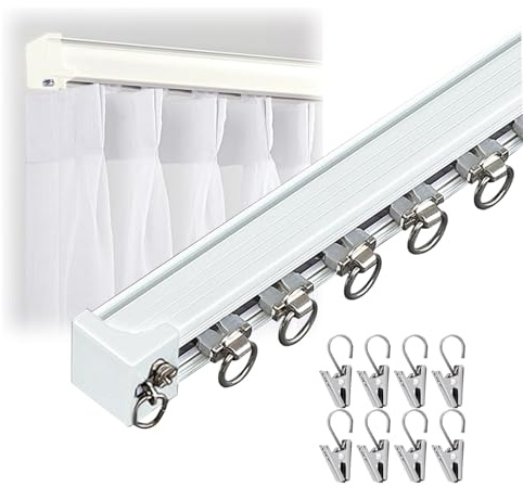 Generisch Stummen Vorhangschiene, 1-läufig Gardinenstange Wandmontage oder Deckenmontage Aluminium Vorhangschiene Curtain Rod Sanftes Gleiten 50-600cm Gardinenschiene mit Clip(Weiß,175cm)