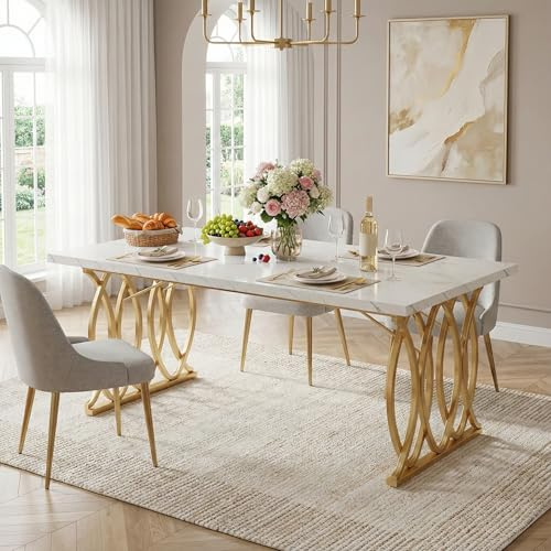 Lailang 160cm Esstisch Modern, Küchentisch Weiß, Esszimmertisch Holz, Esstisch Gold, Kitchen & Dining, 160 x 80 x 75 cm, Weiß & Gold