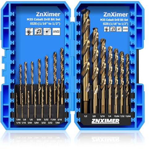Cobalt Drill Bit Set, ZNXIMER Metal Drill Bit Set for Steel, Hardened Metal, Stainless Steel, 21PCS Drill Bits 1/16 to 1/2 with Index Storage Case