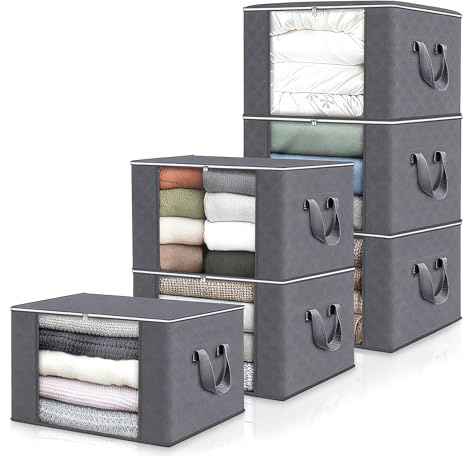 6 Pezzi 90L Scatole per Vestiti, Scatole per Armadio, Scatola per Armadio Pieghevole, Contenitori Sottoletto, Grigio Salvaspazio per Trasloco, Contenitori Sottoletto per Coperte, Biancheria da Letto