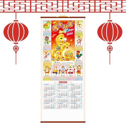 Chinesischer Kalender 2026, 762x318mm Chinesischer Wandkalender, Kalender Wandkalender, Chinesischer Rollkalender Papier, Zeitplan Planer, Tierkreiskalender, Monatsplaner zum Aufhängen