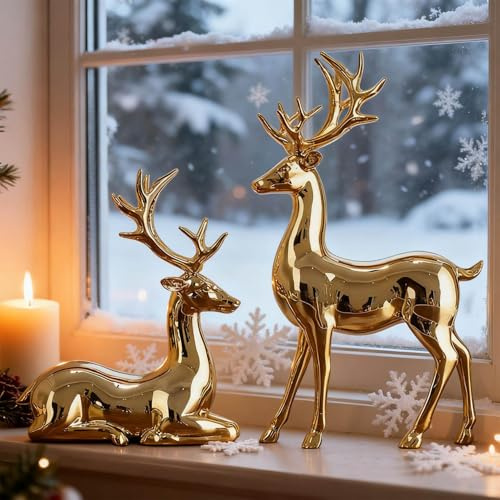 2Pcs Reindeer Christmas Decorations, A Pair of Reindeer Figurines- Shiny Electroplated Metal Surface, Non-Fading, Christmas Deer Ornaments for Living Room, Bedroom, Bookshelf, Desktop (Gold)