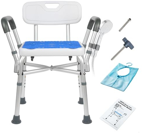 Duschhocker für senioren, Duschstuhl mit Armlehnen und Rückenlehne, Badhocker 280KG, 5 Höhenverstellbar Duschsitz für Ältere, Schwangere, Menschen