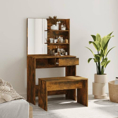 Set Da Toeletta in Legno Di Rovere Affumicato con Specchio, Sgabello e Ampio Spazio di Archiviazione, Vanity Desk for Makeup con Design Moderno, Toilette da Trucco per Camera da Letto, 74.5x40x141 cm