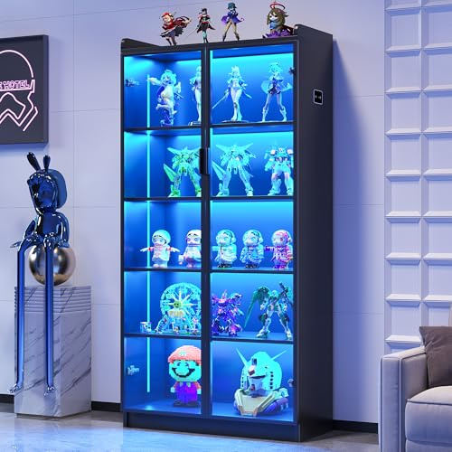 Lvifur Display Cabinets - with Acrylic Doors,5-Tier Curio Cabinet with 3 Color Lights for Collectibles Bookcases,165 cm Tall Storage with Adjustable Shelves and Human Body Sensor,Black