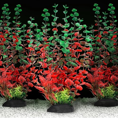 QUOZUO Aquarium Large Plants Decoration, Aquarium Decorations Artificial Plastic Plants, Dark Red Fish Tank Accessories 3pcs