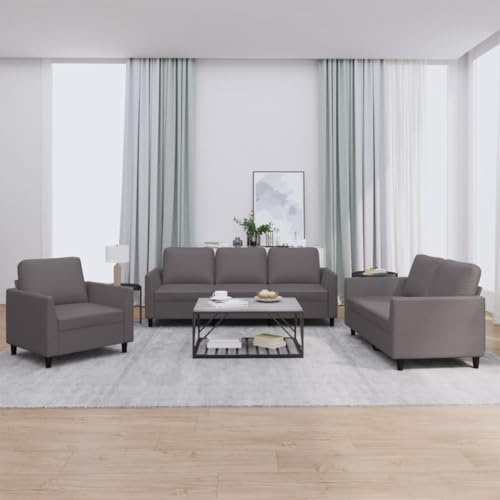 Tonture 3-TLG. Sofagarnitur Grau Kunstleder, Robustes Wohnzimmer Set mit Sessel, 2er & 3er Sofa, Bequeme Lounge Garnitur für Erwachsene, Pflegeleicht