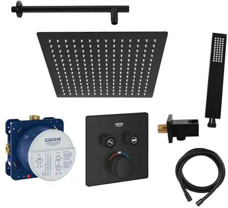 vanvilla Duschsystem Unterputz mit Duscharmatur Grohe schwarz GS31 | Duscharmatur von Grohe SmartControl Thermostat Armatur und vanvilla Regendusche Duschkopf eckig, Dusch-SET schwarz