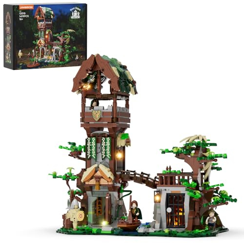 Lumibricks Waldposten Klemmbausteine mit LED Beleuchtung, 1419 Teile Mittelalter Wachturm im Wald mit Seilzug & Geheimraum, Modulares Burg Set mit 3 Figuren, Bauset für Erwachsene ab 16 Jahren