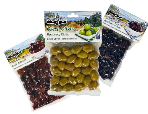 Candia Crop Mix gourmet Kalamata, negras y verdes 3x200g | Mezcla gourmet de aceitunas griegas Candia Crop , negras Throumpa y verdes – sabor intenso e ideal para aperitivos