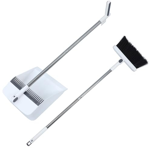 WHAMVOX Ensemble Balai et Pelle Pliable 93 Cm Manche Amovible en Acier Inoxydable 2 Pièces Blanc Anti-cheveux Balayeuse Manuelle pour Maison Bureau la Cuisine